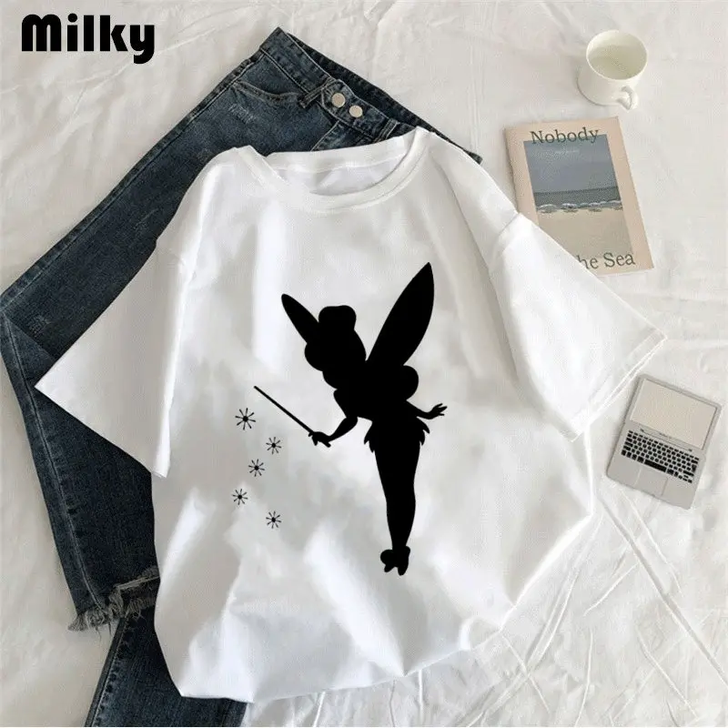 Summer Women\'s T Shirt Fairy Style Hiphop Cartoon Tinker Bell Short Sleeved T-shirt  Women Ins Top Y2k Vintage Oversized T Shirt