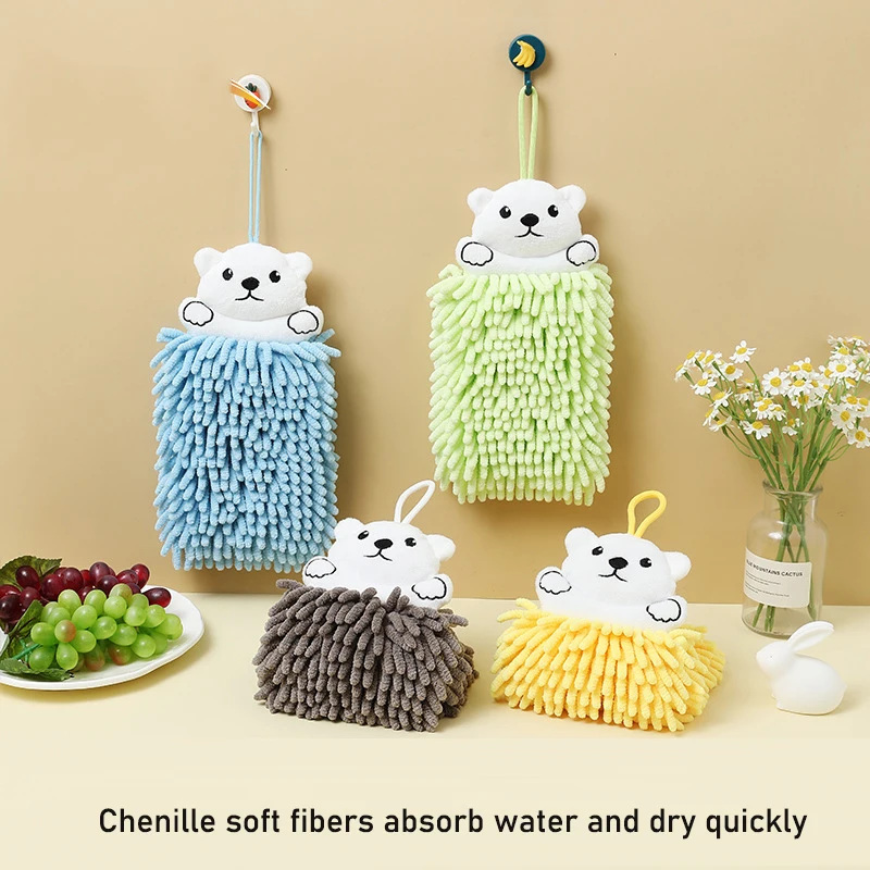 1/5PCS Microfiber Chenille Handball Thick Kids Cartoon Bathroom Hand Towel Quick Dry Hanging Loop Towel Kitchen Cleaning Cloth