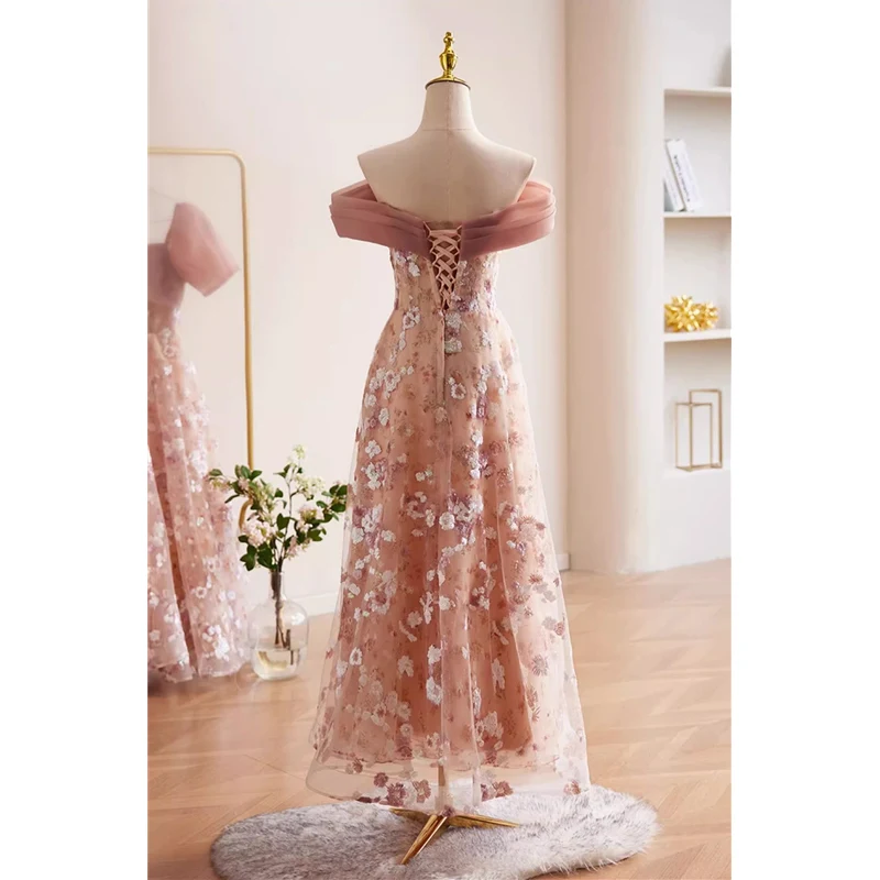 Robe de soirée à paillettes roses, en tulle, motifs floraux, manches courtes, ligne A, longueur au sol, B2903