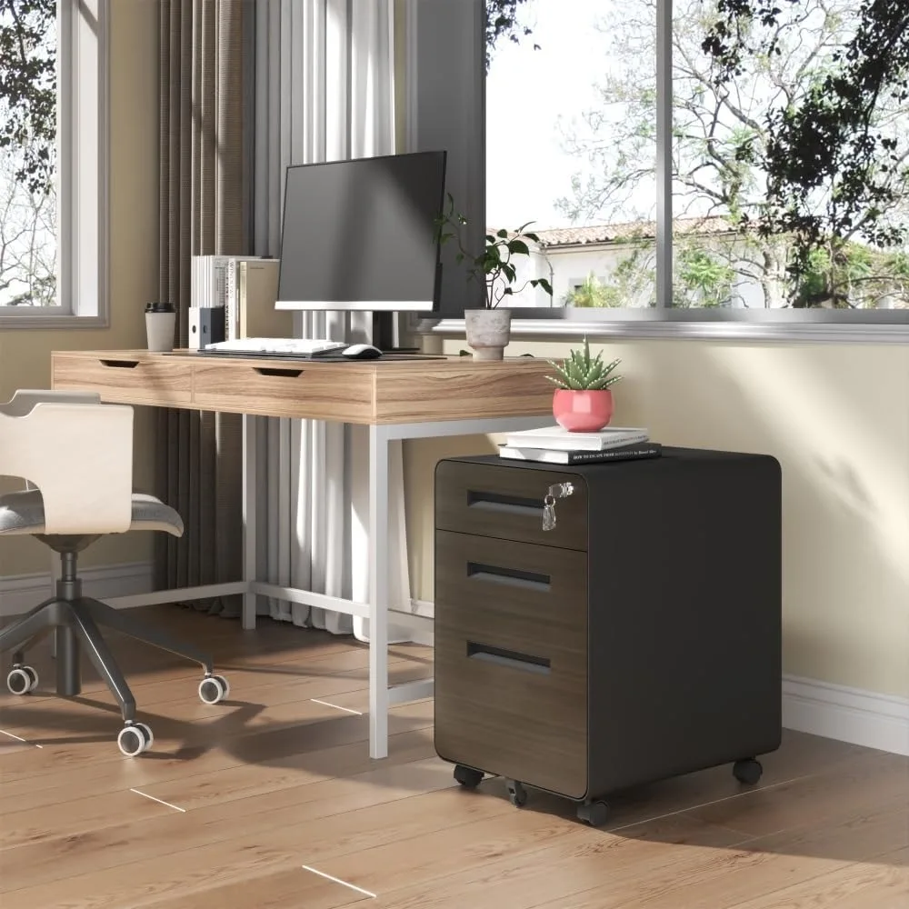 خزانة ملفات متنقلة ذات 3 أدراج من الفولاذ بالكامل مع قفل، وحدة تخزين معدنية شديدة التحمل للمنزل والمكتب، مجمعة بالكامل، تحمل ملفات A4