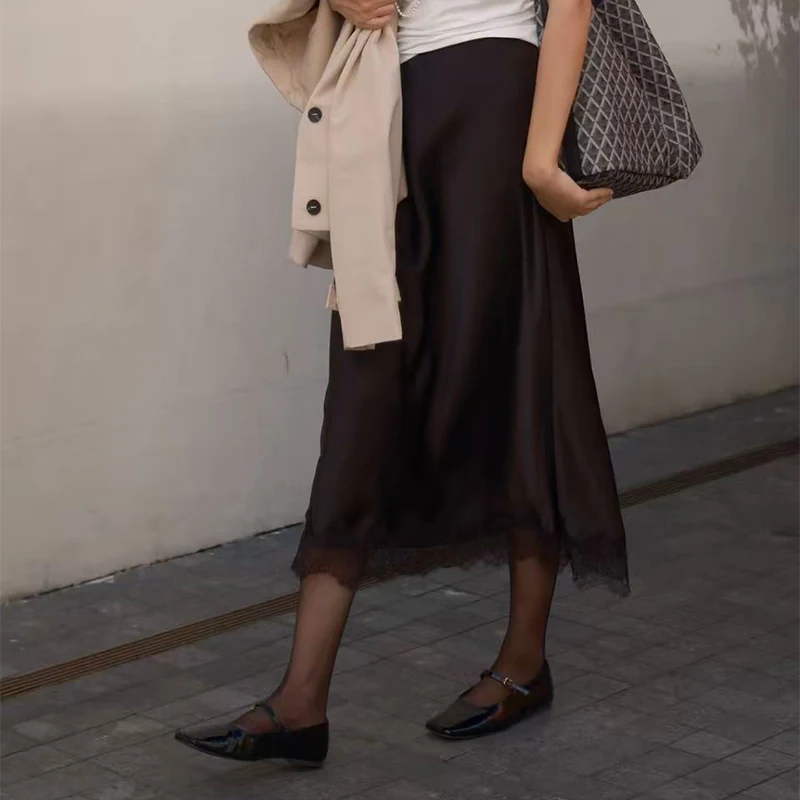 Moda feminina saia de comprimento médio cetim renda retalhos saia de comprimento médio elegante e feminino adequado para uso diário e datas