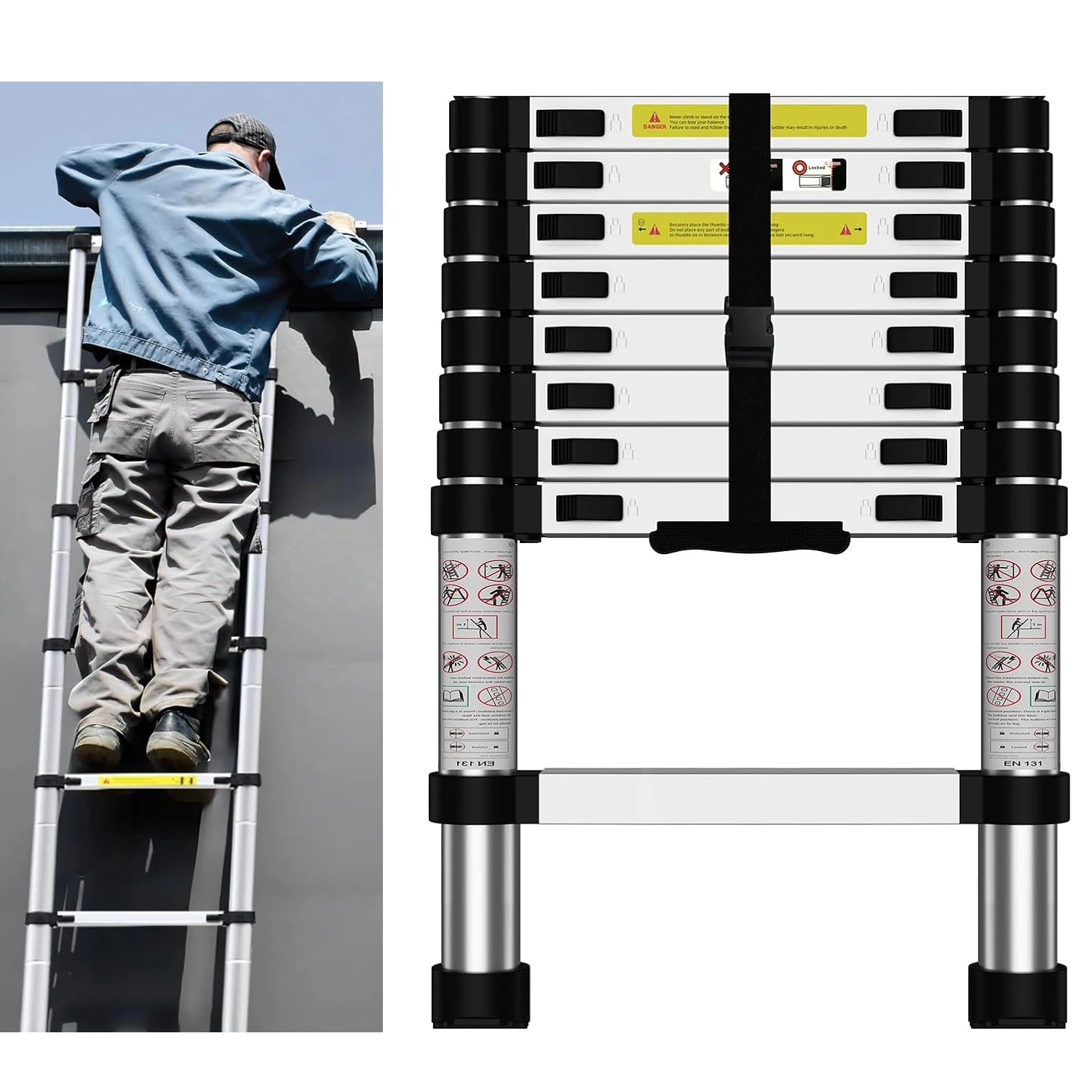 

2.6M/3.8M Telescopic Strut Ladder Multi-Purposes Steel Extendable Ladder with Anti-Slip Feet Sturdy Collapsible for Attic