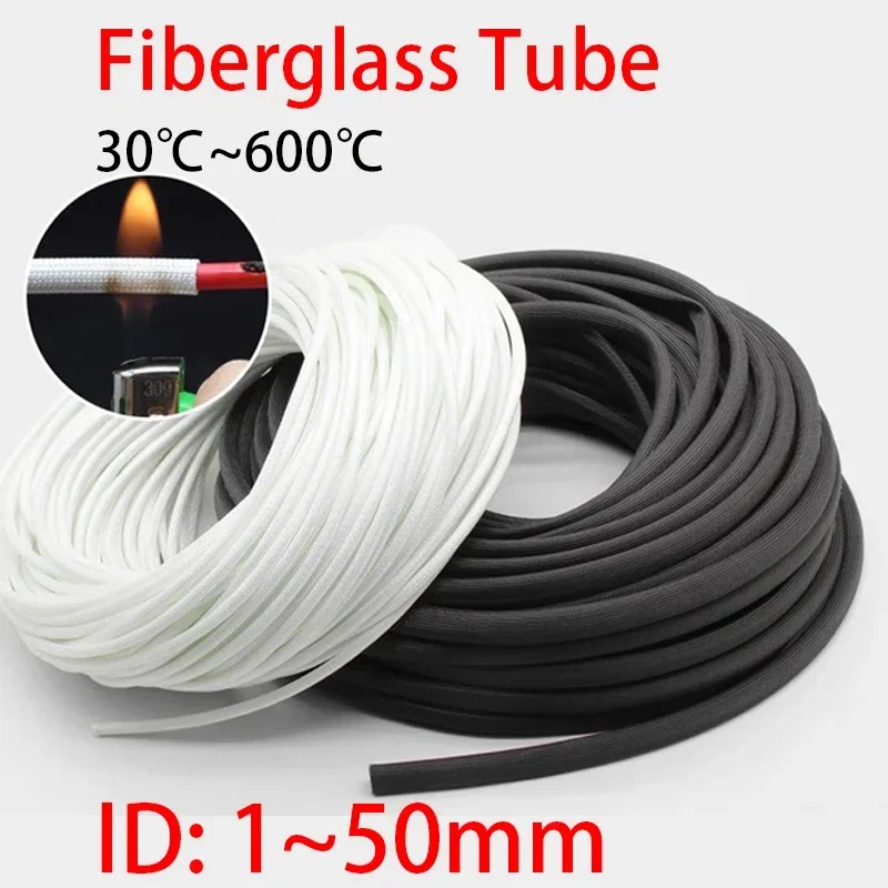 10M Braided Fiberglass Sleeve 600 Deg.C High Temperature Chemical Glass Fiber Tube ID 1mm ~ 50mm Fiberglass Sleeving Black White