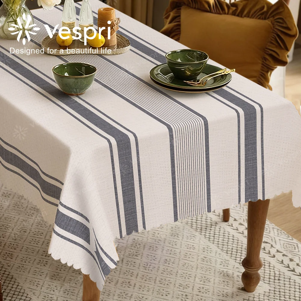 Vespri farmhouse style, simple tablecloth, white and gray decorations, stripes