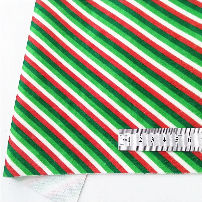 Red Glitter with Green Christmas Tree HO Stripes Printed Crushed Velvet Fabric Red Suede Faux Leather For Bow DIY 21x29CM Q1517