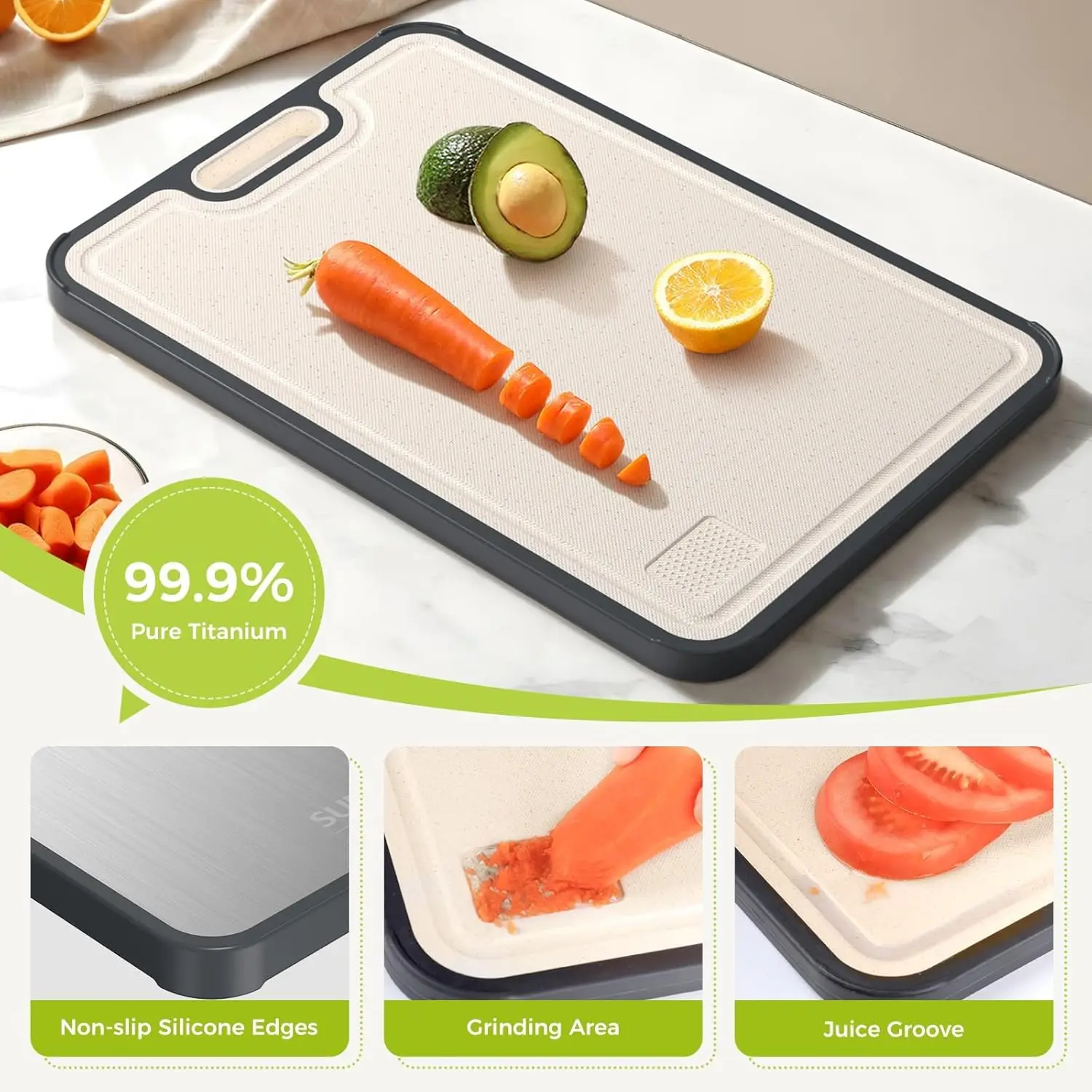 Double-Sided Titanium Kitchen Cutting Board with Juice Groove, Easy Clean Food Grade Material