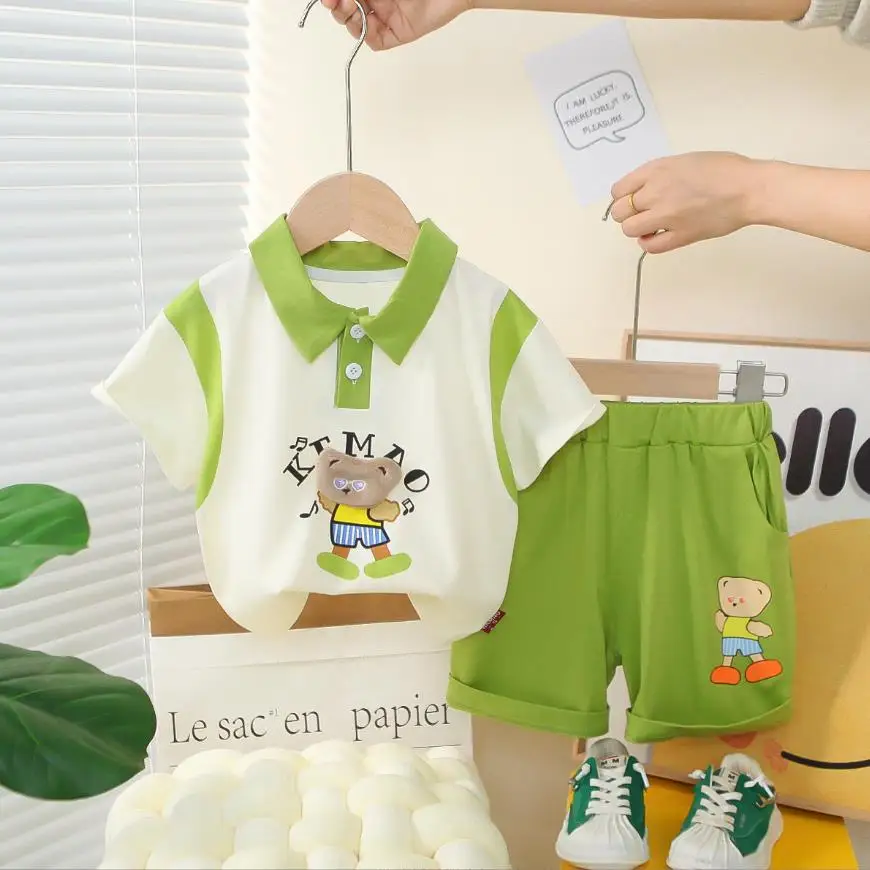 

Kids Baby Summer Outfits Sets 1 To 6 Years Korean Style Cartoon Bear Turn-down Collar Casual T-shirts+Shorts Children Clothing