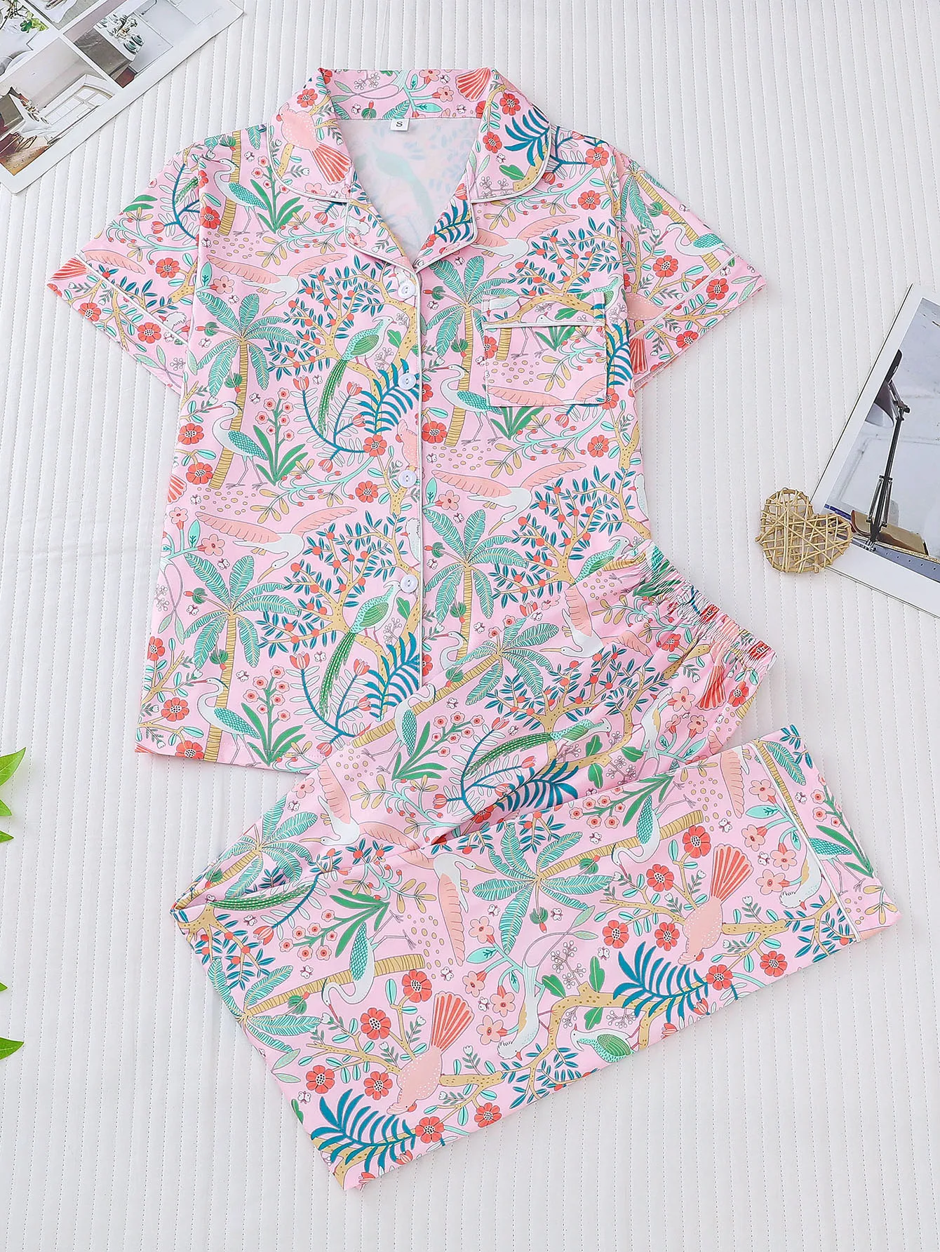 Conjunto de pijama con estampado Floral de animales para mujer, cárdigan corto y largo, top de manga corta y pantalones sueltos, pijama cómodo