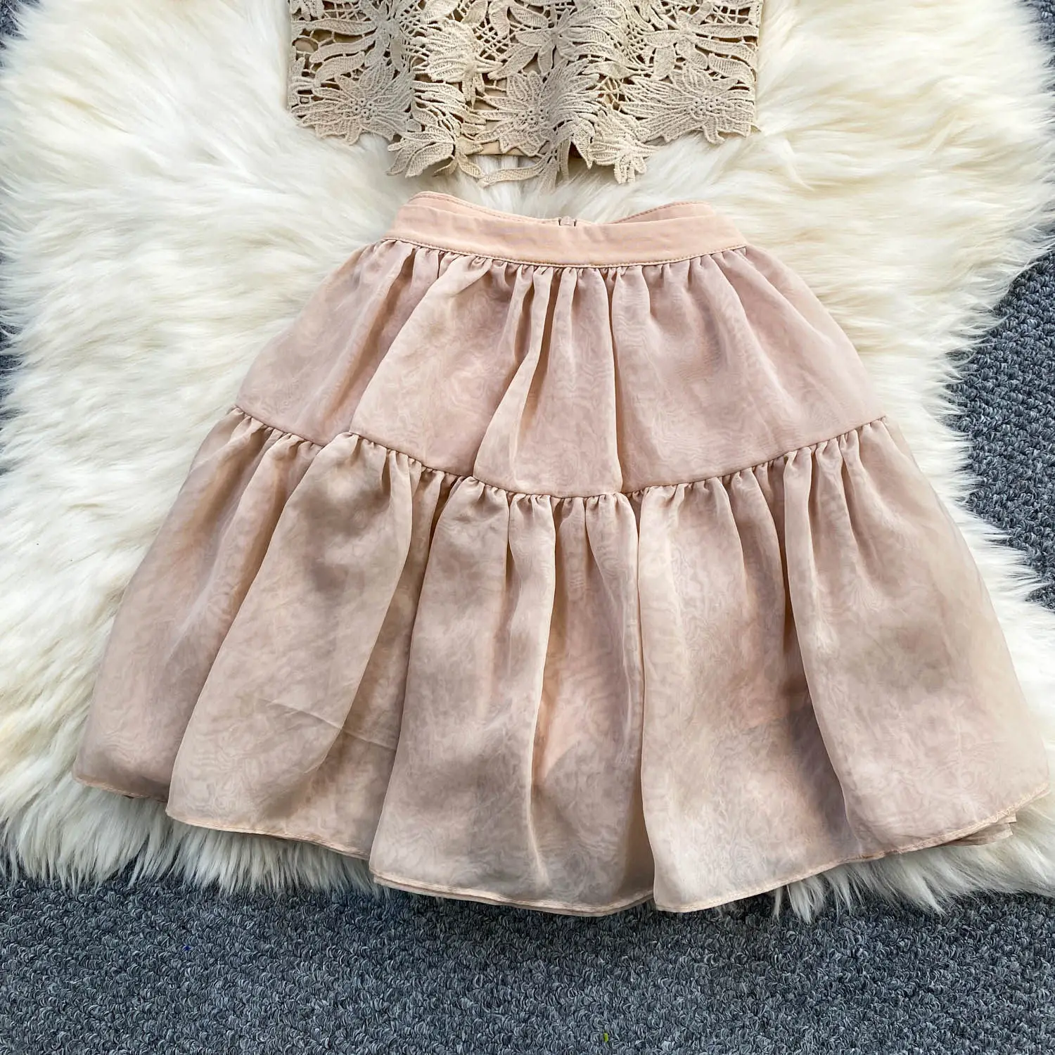 Women Summer Two-piece Sets 2026 Light Luxury Hollow Out Lace Sexy Zipper Halter Top & High Waist Slim-looking Tiered Skirt