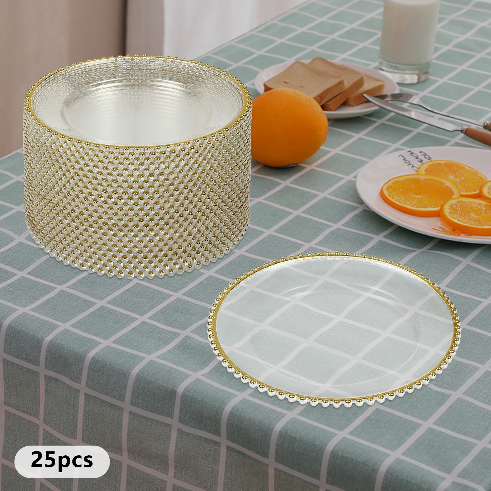 

Прозрачные тарелки для зарядного устройства из 25 предметов с золотым ободком из бисера, элегантные тарелки для стола и ужина для свадебных мероприятий, рождественских вечеринок