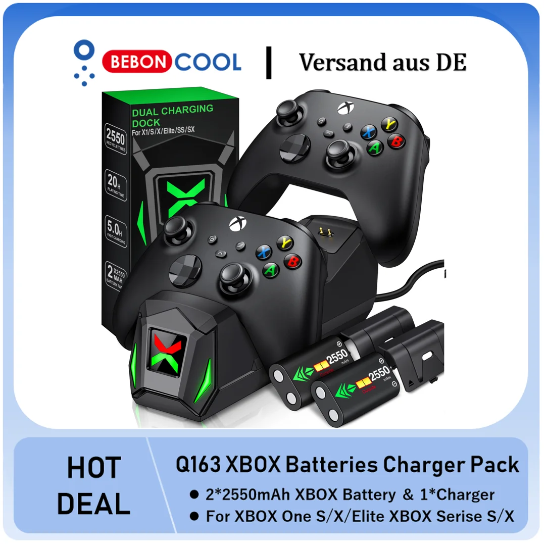 BEBONCOOL Q163 Gamepad Charger For XBOX ONE X/S/Elite XBOX Serise X/S with 2*5520mWh Batteries Dual Fast Controller Charger