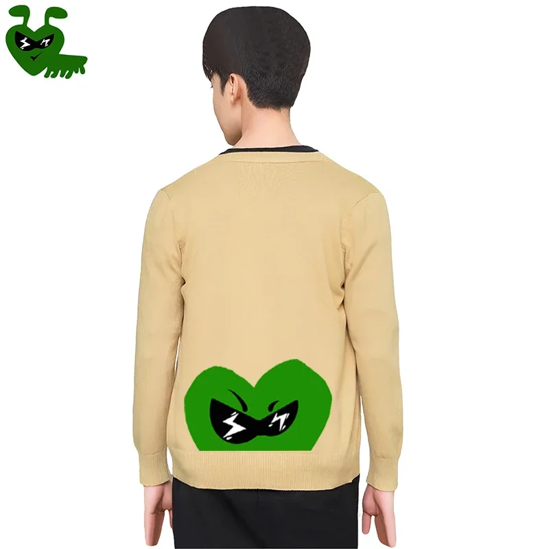 Break Egg Men V-neck Cardigan  Cartoon Ant Embroidery Lower Half Heart Print Single Breasted Long Sleeved Autumn Fit Sweater