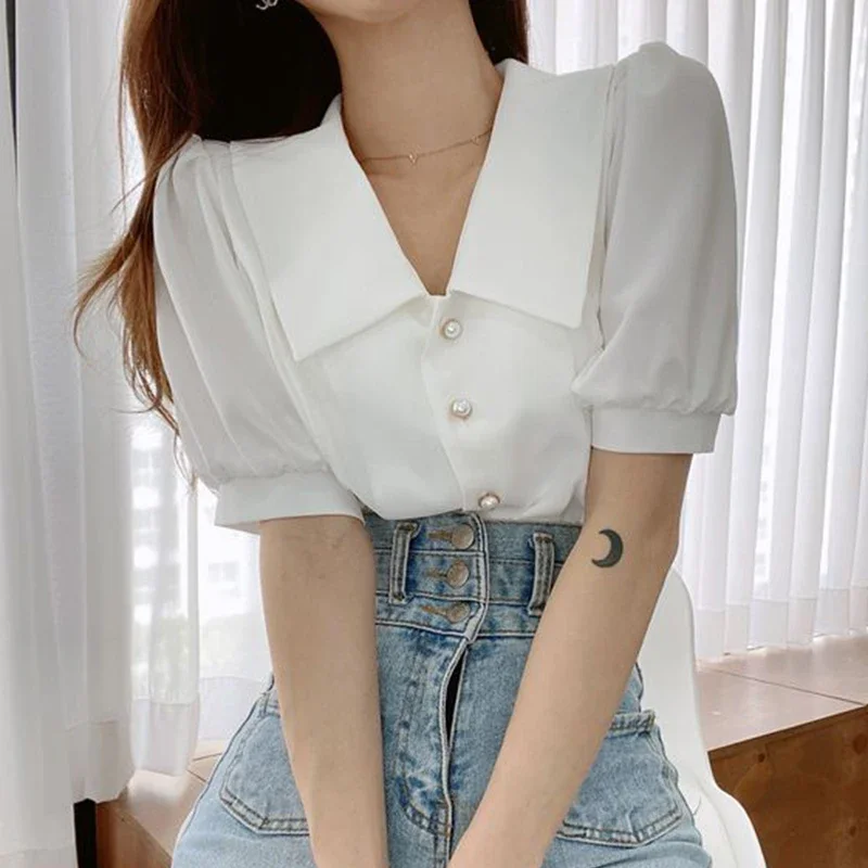 Neploe Korean Chic Sweet Temperament Blusas 2024 Summer Lapel Neck Pearl Button Blouses Femme Niche Sweet Puff Sleeve Shirt