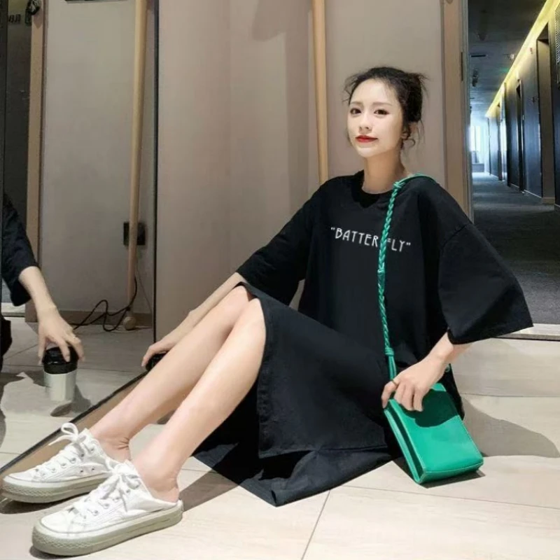 เกาหลีสไตล์หลวมขี้เกียจแฟชั่นความยาวกลางแขนสั้นเสื้อยืดชุดยาวผู้หญิงสบายๆสบายแยกชุดฤดูร้อน