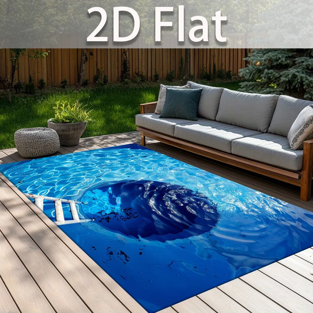 Outdoor Area Carpet Pool Non Slip 3D Vortex Washable Illusion Blue Hole Printed Rug Surreal Fun Aesthetic Patio Deck Decor