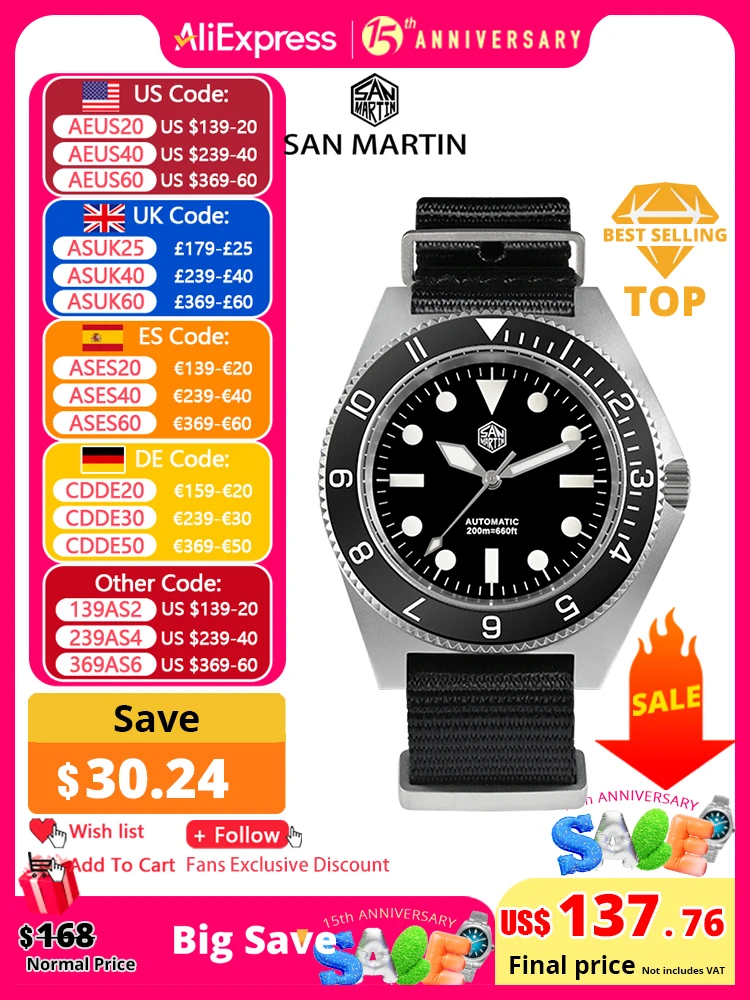 San Martin New 40mm Diving Watch NH35 Automatic Men Mechanical Wristwatch Sapphire Nylon Strap Full Luminous Waterproof 200m