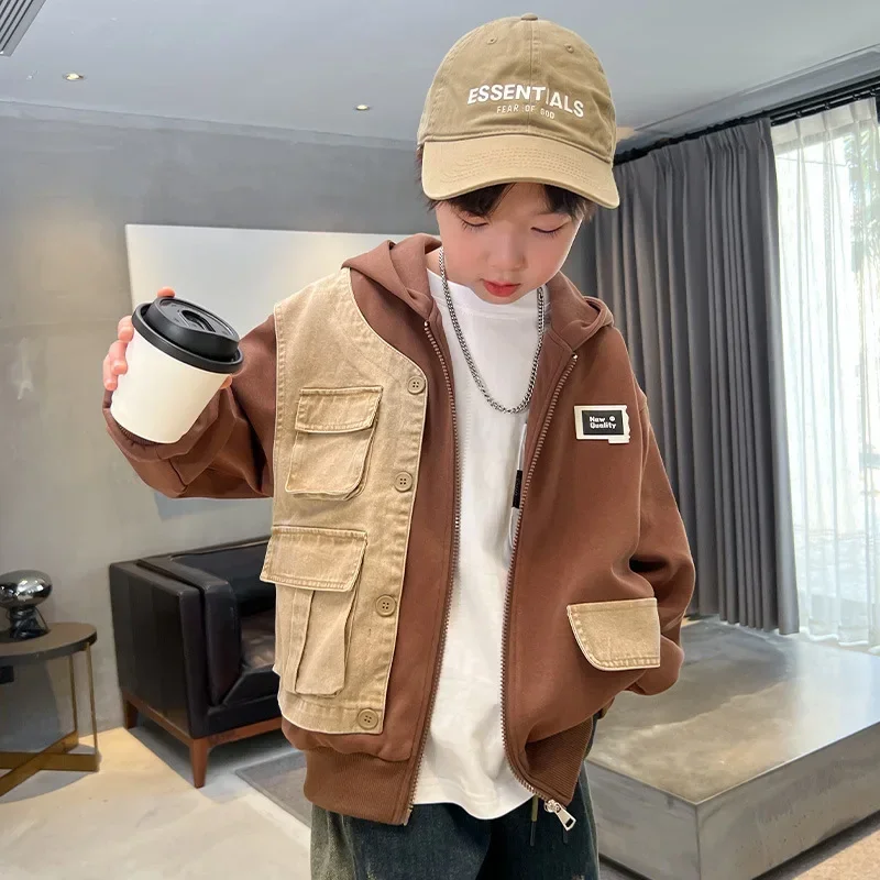 

Boys Coat Jacket Cotton Outerwear Windbreak 2024 Brown Spring Autumn Overcoat High Quality Children's Warm Clothing