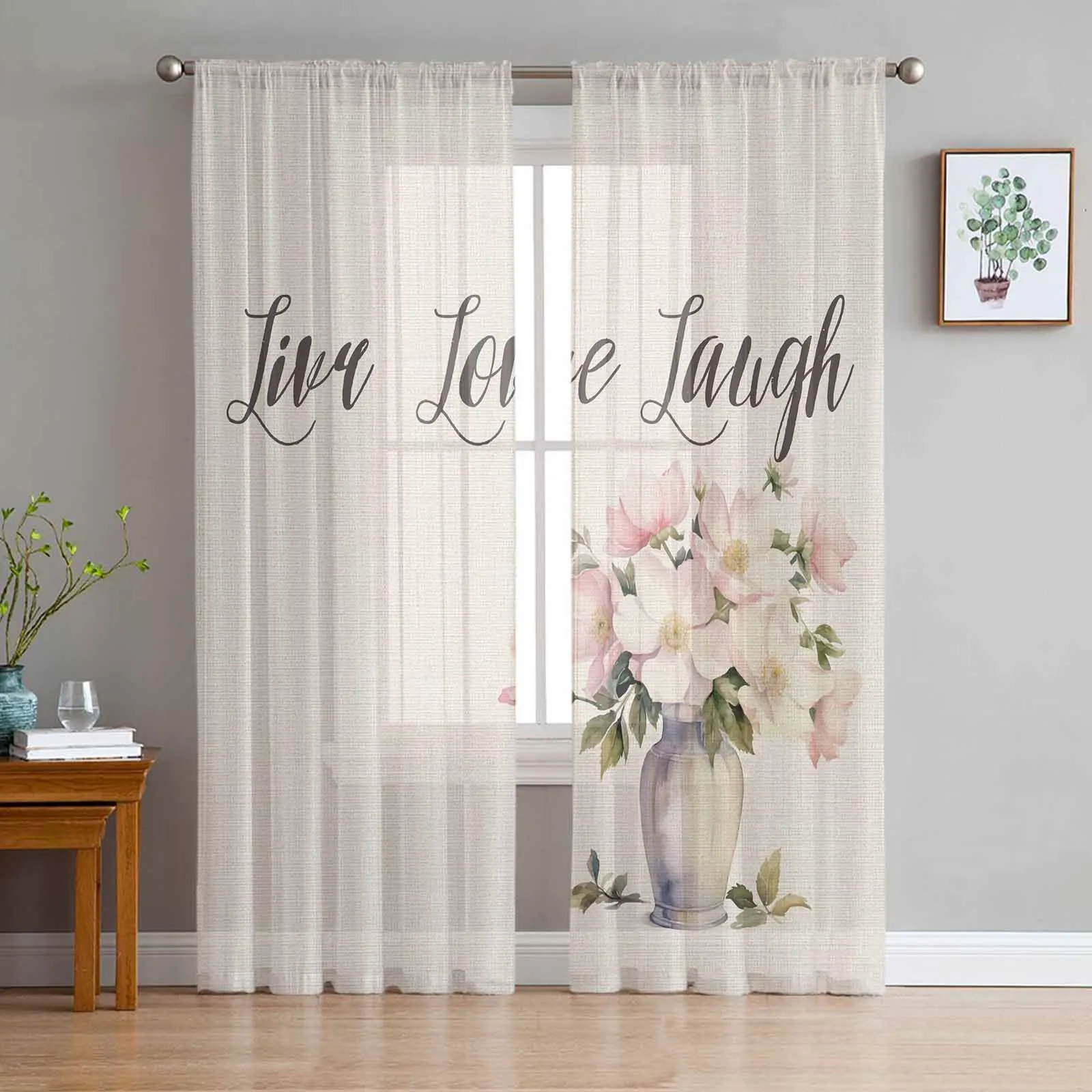 Watercolor Flowers Vase Tulle Curtains for Living Room Bedroom Modern Chiffon Sheer Voile Kitchen Window Curtain