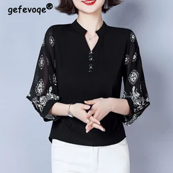 Women's Elegant Chic Ruffled V Neck Print Chiffon Shirts Blosues 2023 Summer Korean Fashion Casual 3/4 Sleeve Ladies Tops Blusas