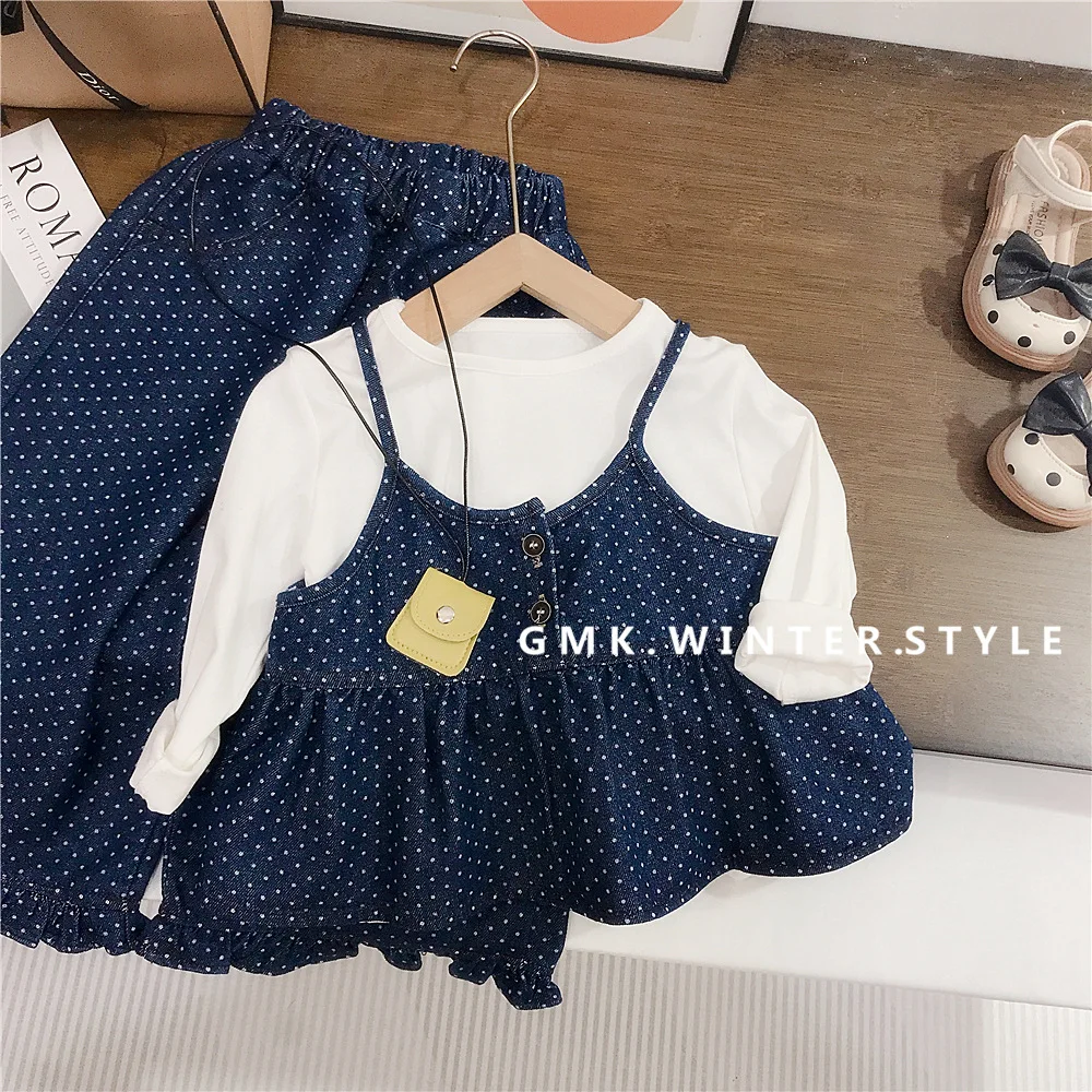 Girl's Western Style Loose Autumn Dot Denim Three Piece Set, Baby's New Spring Style Set, Girl's Autumn Outfit