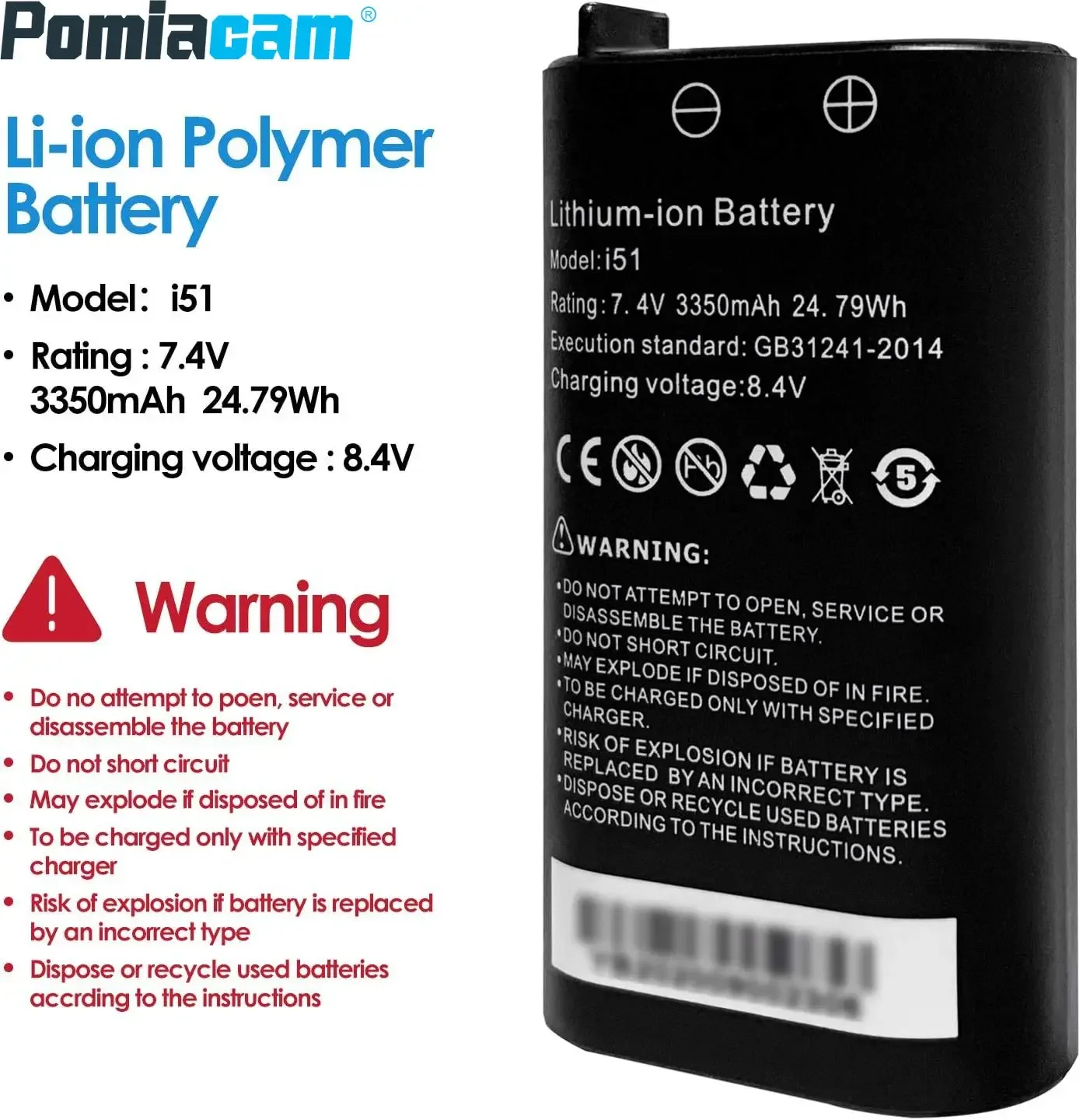 I51 Compatible avec IPC-5000 Plus IPC-5100 Plus IPC-5200 Plus CCTV Testeur 3350mAh Batterie 7.4V 24.79Wh Lithium-ion