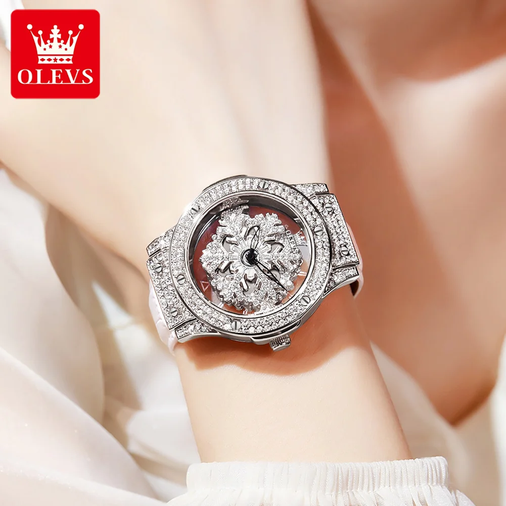 OLEVS Diamond Watch For Women Quartz Watch Wristwatch Dress Female Pentacle snowflake rotates the dial 360 degrees Clock Ladies