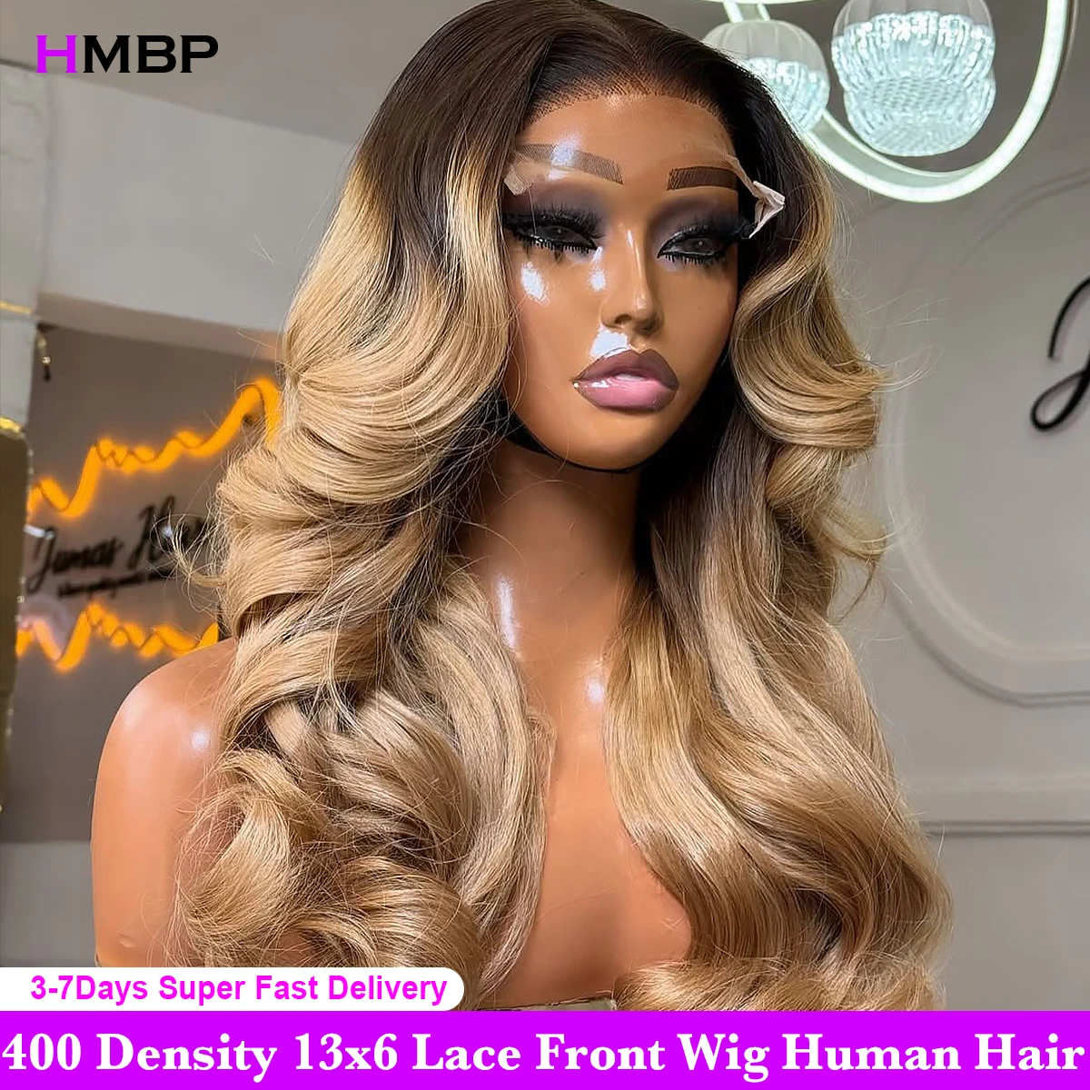 

42Inch Highlight Honey Blonde Glueless Wigs Human Hair 400 Density Body Wave Curly 13x6 HD Lace Frontal Wig Human Hair For Women