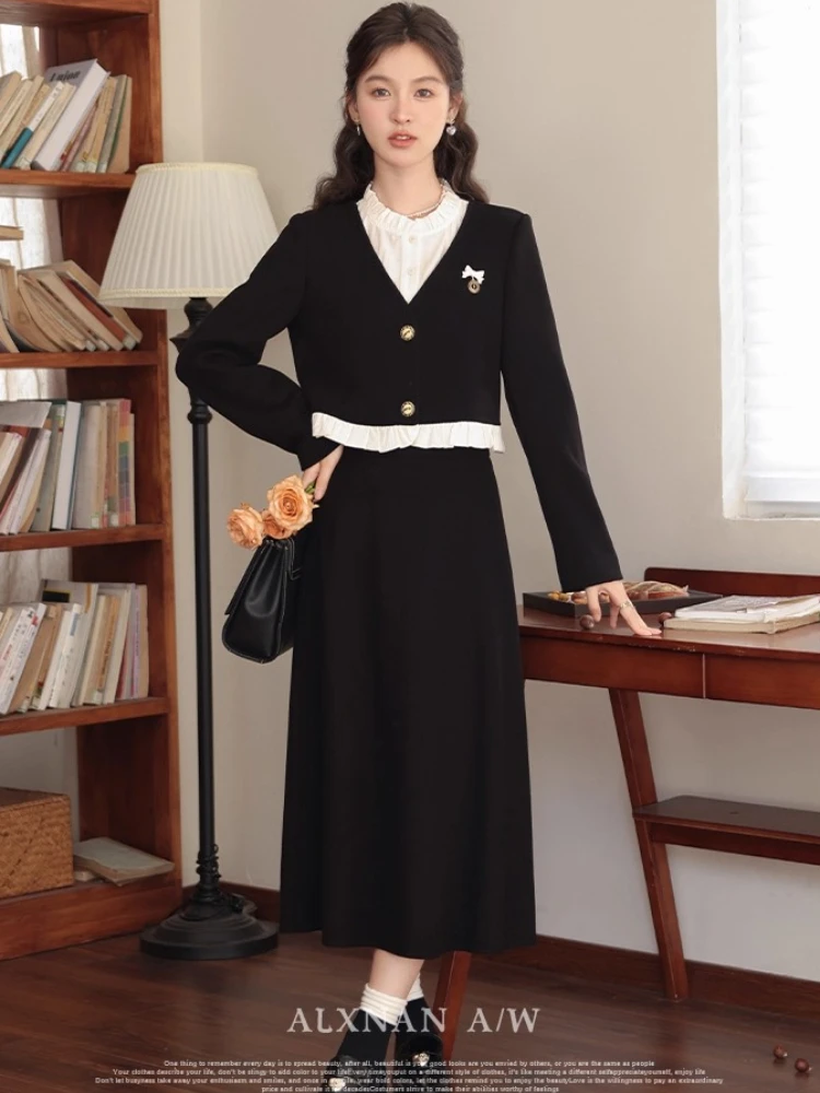 กระโปรงยาวไซส์ใหญ่ ALXNAN คุณภาพสูง ผ้าลูกฟูก กันยับ เอวสูง ทรงเอ กระโปรงหรูหรา รุ่น DM00811BQ1