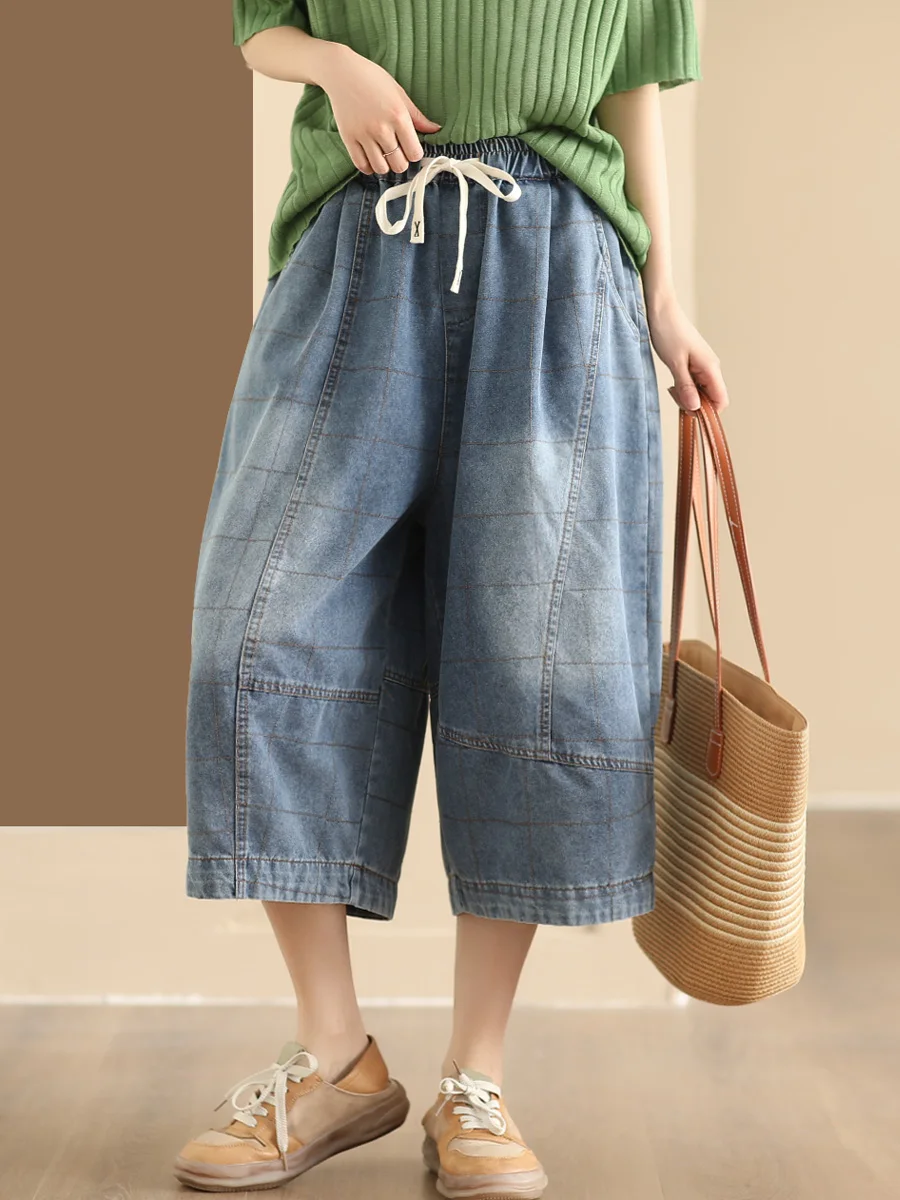 

Retro Colored Denim Cotton Wide Leg Pants Diamond Patchwork Seven-Foot Loose Slimming Skirt Casual Pants Summer 2024