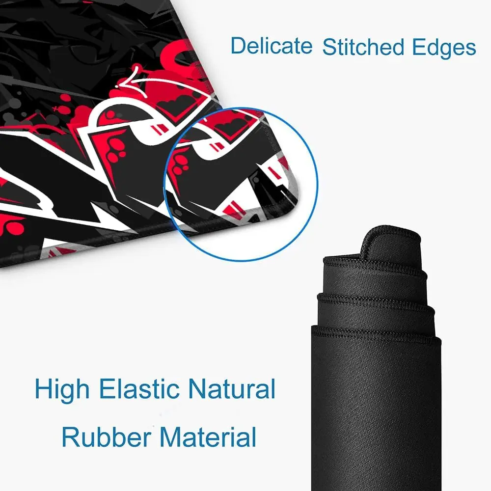 Alfombrilla de ratón para juegos negra y roja, alfombrilla de escritorio con base de goma antideslizante XXL grande con bordes cosidos para configuración de teclado y ratón