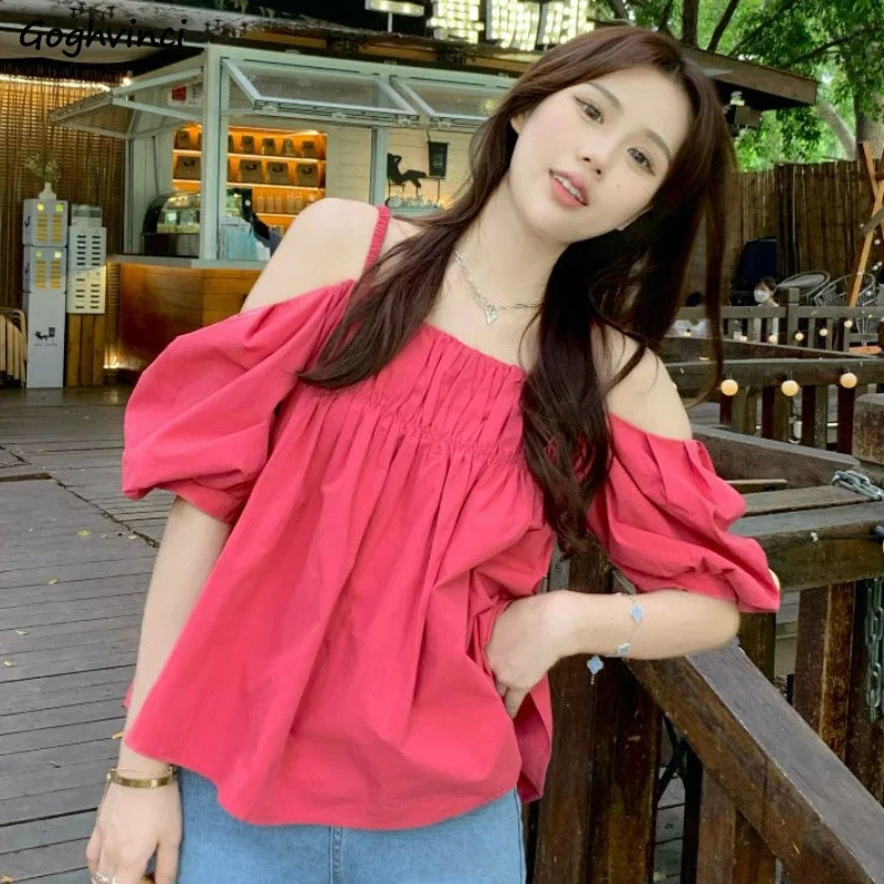 Slash Neck Blouses Women Solid Sweet Summer New Loose Casual Age-reducing French Style Girlish Fashion Off Shoulder Chic Ulzzang