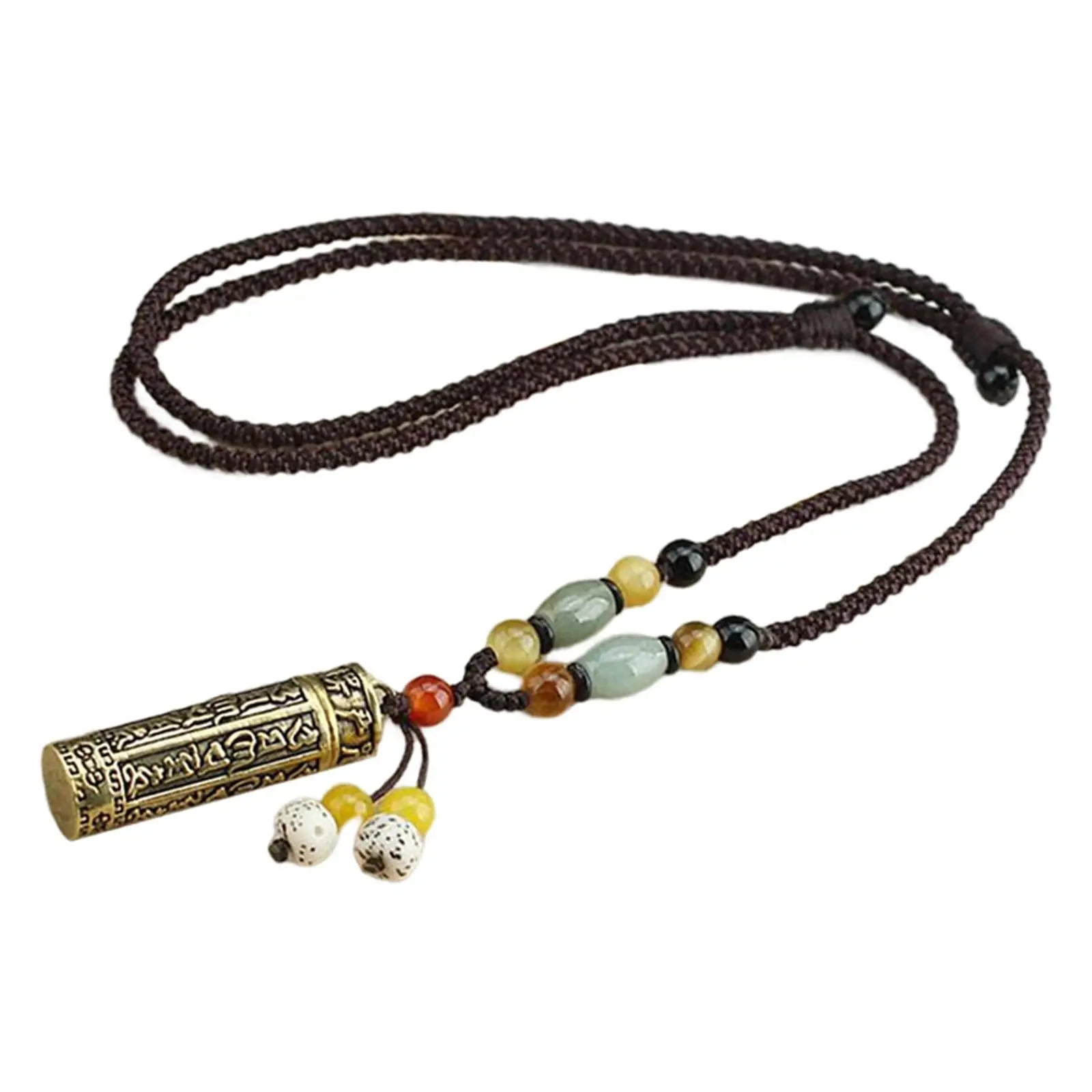 Tibetan Tibet Amulet Necklace Cylindrical Copper Jade Tiger Eye Handmade Buddhist Mantra Pendant for Meditation and Gifts