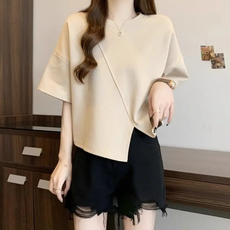 

Solid Color Slit Short Sleeve T-shirt 2025 Summer Women Tops Oversize Loose Short Sleeve Tee Women's Clothing