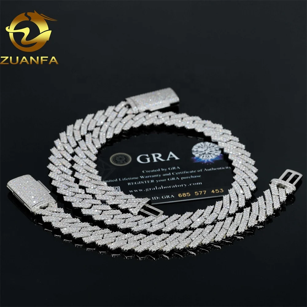 Fine Zuanfa Jewelry Hip Hop Iced Out Cuban Link Necklace 13mm 2 Rows Thick Solid 925 Silver VVS Moissanite Cuban Chain.