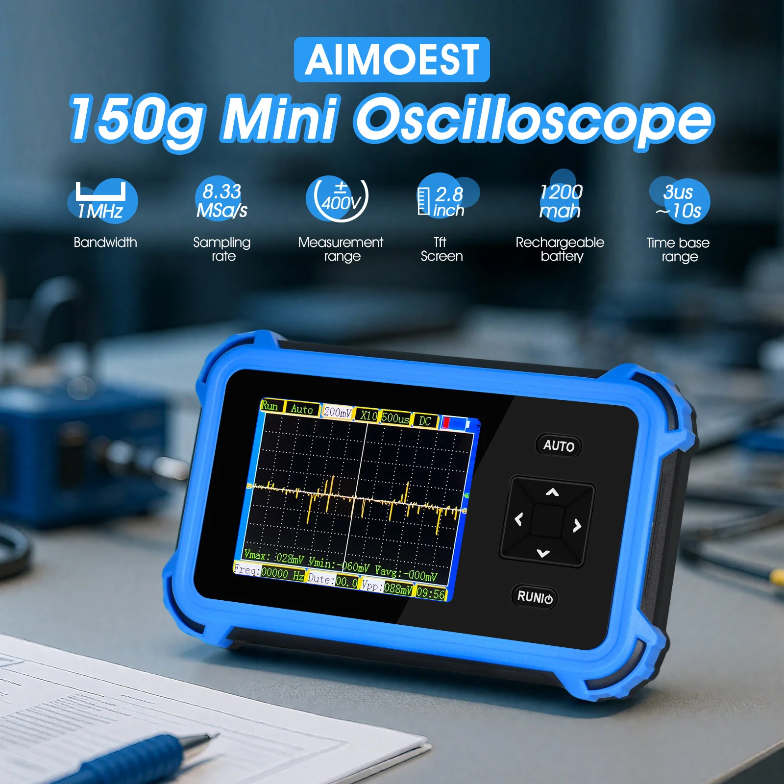 

Handheld Oscilloscope Beginner, Mini Osciloscopio with 1MHz Bandwidth 8.33MSa/s, ±400V (800Vpp X10) - 150g Portable Scoppe