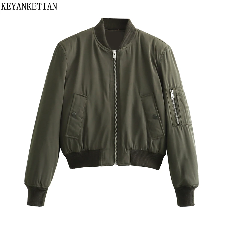 KEYANKETIAN Autumn/Winter New Women's Cotton-Padded Jacket American Retro Army green Loose Cropped Zipper Blazer Greatcoat Top