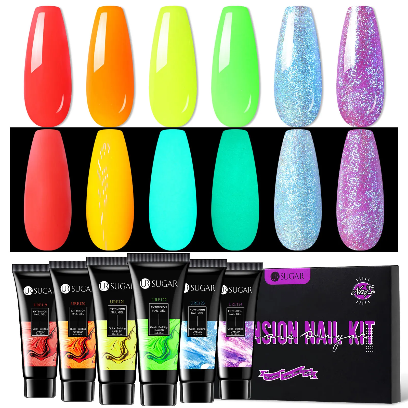 UR SUIKER 4/6 Stuks Halloween Nail Art Manicure Lichtgevende Fluorescerende Uitbreiding Nagelgel Set Neon Nail Tips Quick bouwen Kleur Gel