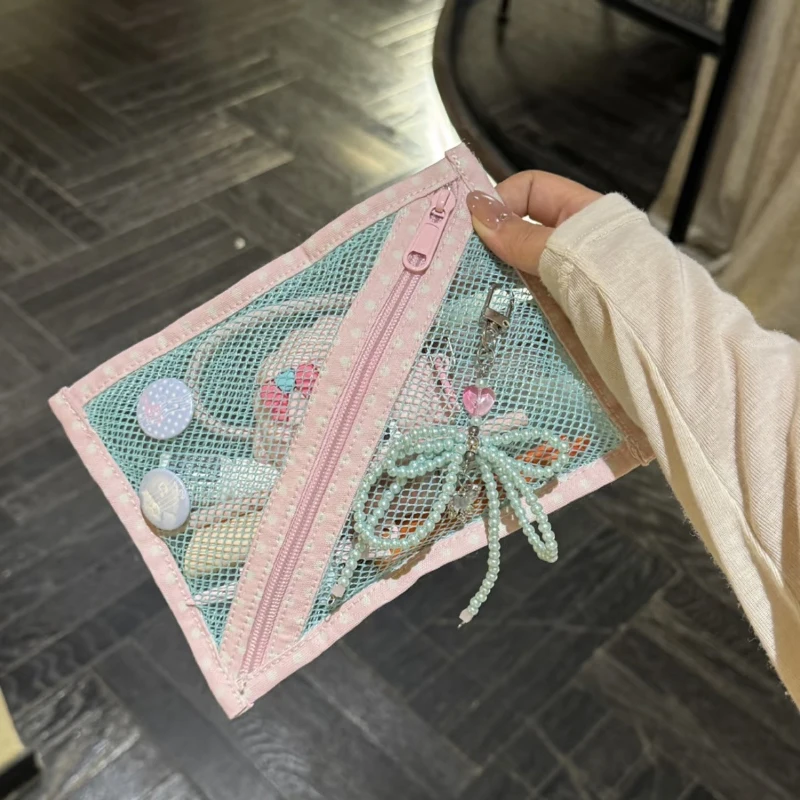 Sweet Style Mesh Storage Bag Polka Dot Pattern Visible Small Makeup Bag Lightweight Portable Travel Business Versatile Mini Bag
