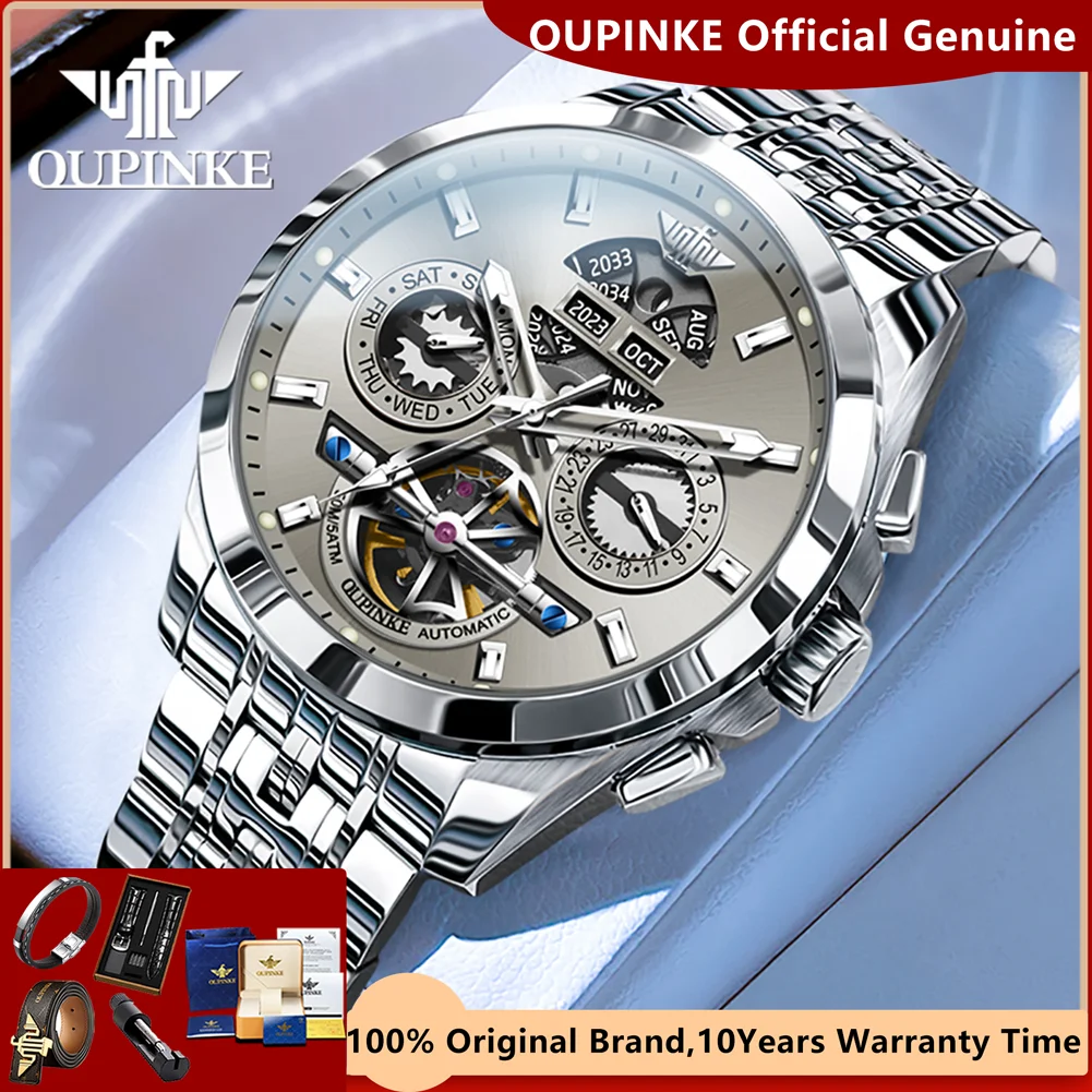 OUPINKE 3251 Skeleton Automatic Men's Watches Luxury Flywheel Design Calendar 5Bar Waterproof Multifunction Mechanical Man Watch