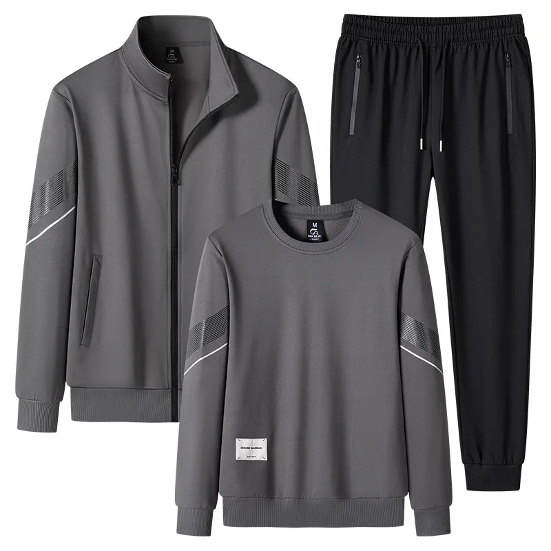

Mens Athleisure Suits Spring Autumn Young Middle Aged Stand Collar Cardigan Jacket Crew Neck Sweatshirt 3 Piece Trendy Set