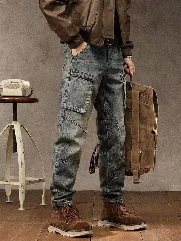 

Модные джинсы-харланы в стиле пэчворк для мужчин, прямые, повседневные, весна-осень, винтажные, с высокой талией, свободного кроя, джинсовые брюки для мужчин