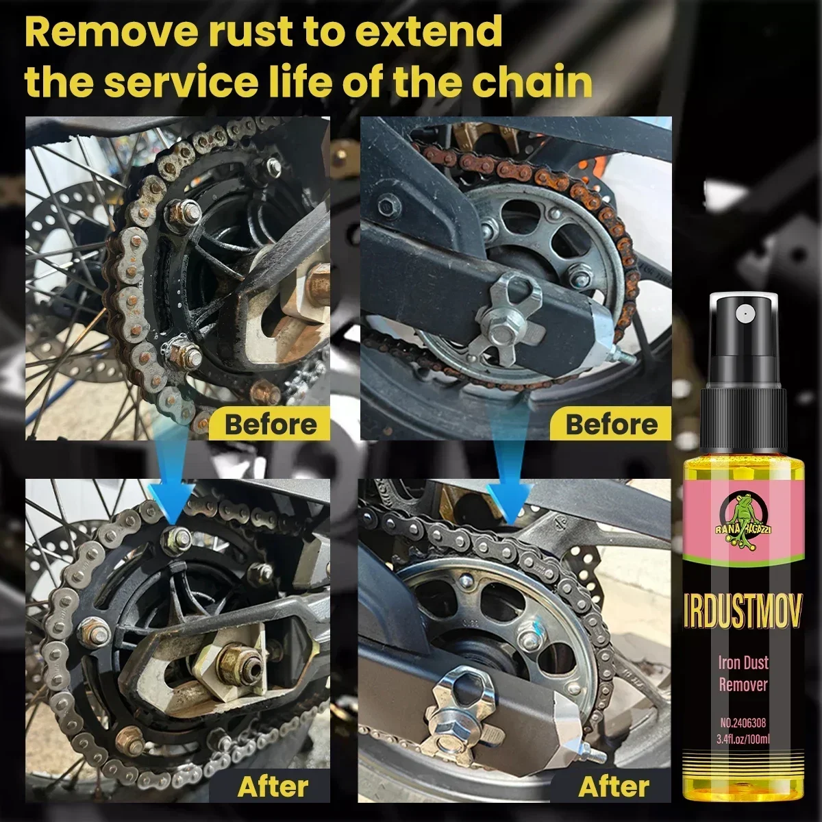 Iron Dust Remover Motorcycle Chain Iron Powder Remover Rust Remover Supplies Cleaner Oxide Layer Cleaner Spray Irdustmov RG308