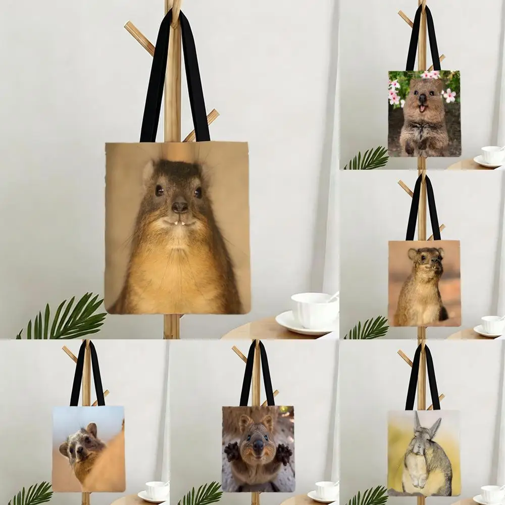 Funny Unique Cute Rock Hyrax Animal Storage Bags Canvas Bags Series Print Bag Lightweight Shoulder Daily Shopping Bags