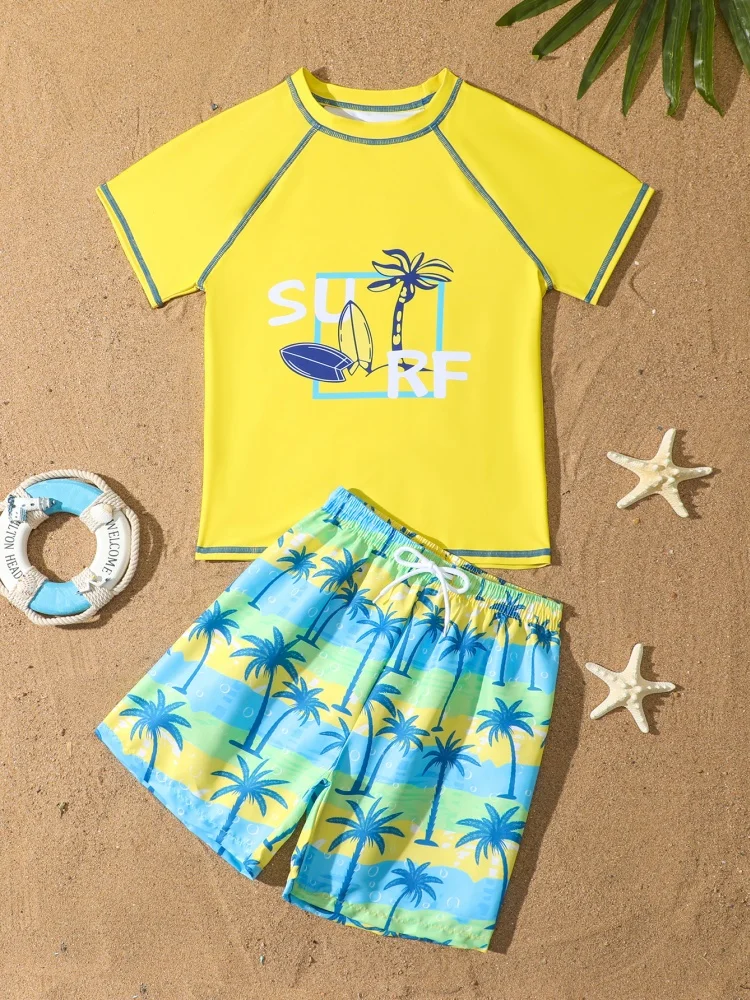 Boy Kids Swimsuit 2026 New Yellow Short Sleeves Split Two Piece Children Swimwear Summer Shorts Beachwear Bathing Suit Swimming