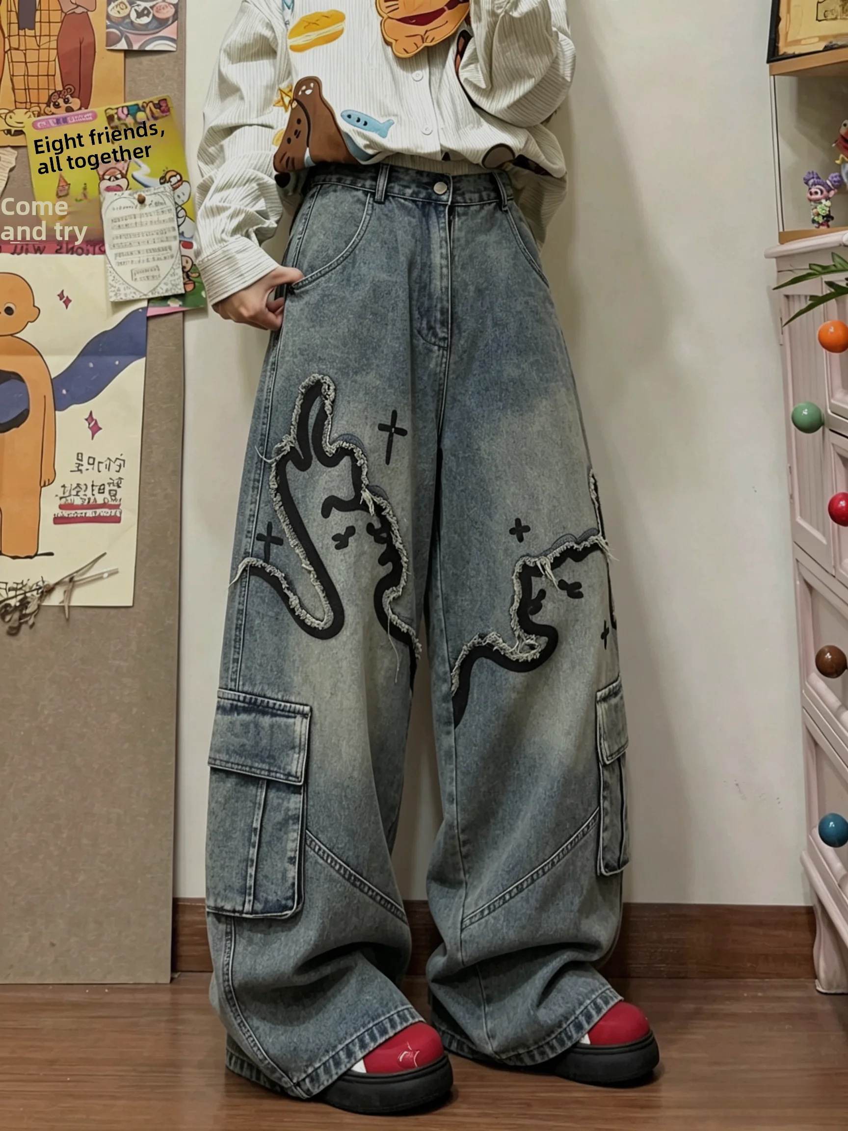 BIBULU American Retro Printed Workwear Wide Leg Jeans Loose Street Style Long Trousers Slimming Trendy Unisex Denim Jeans