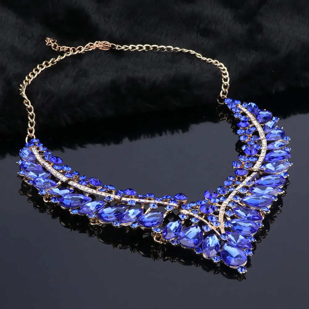 Fashion Indian Blue Rhinestone Wedding Jewelry Sets for Brides Bridal Necklace Earrings Set Party Costume Decoration for Women