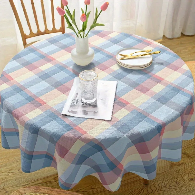 One Bohemian round tablecloth - with a pink and blue checkered design