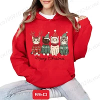 Meowy-sudaderas con capucha con estampado de gato navideño para mujer, ropa para niña, sudaderas divertidas de Feliz Navidad, Tops informales para mujer