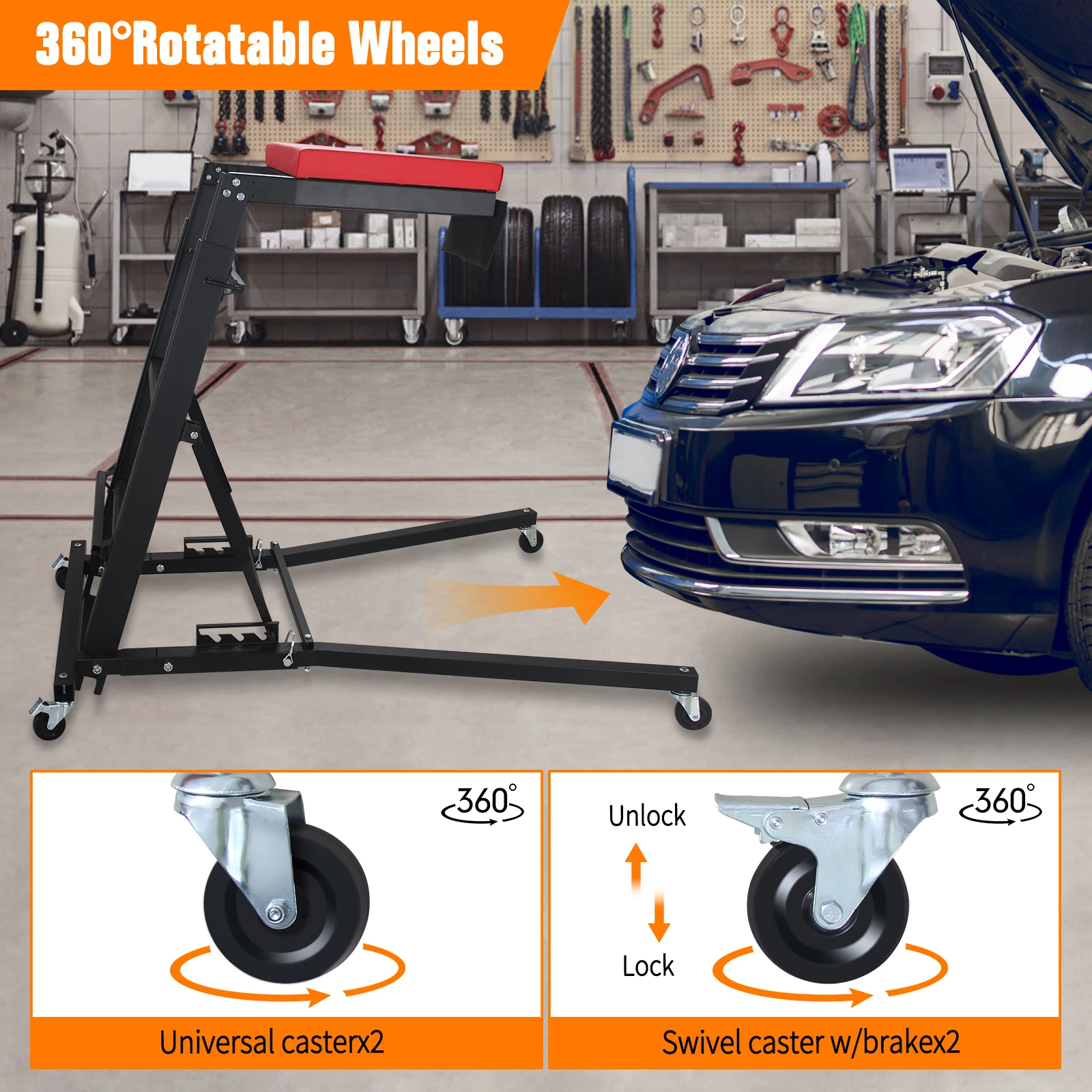 400 LBS Topside Mechanic Creeper, Foldable Height Adjustable 45.7