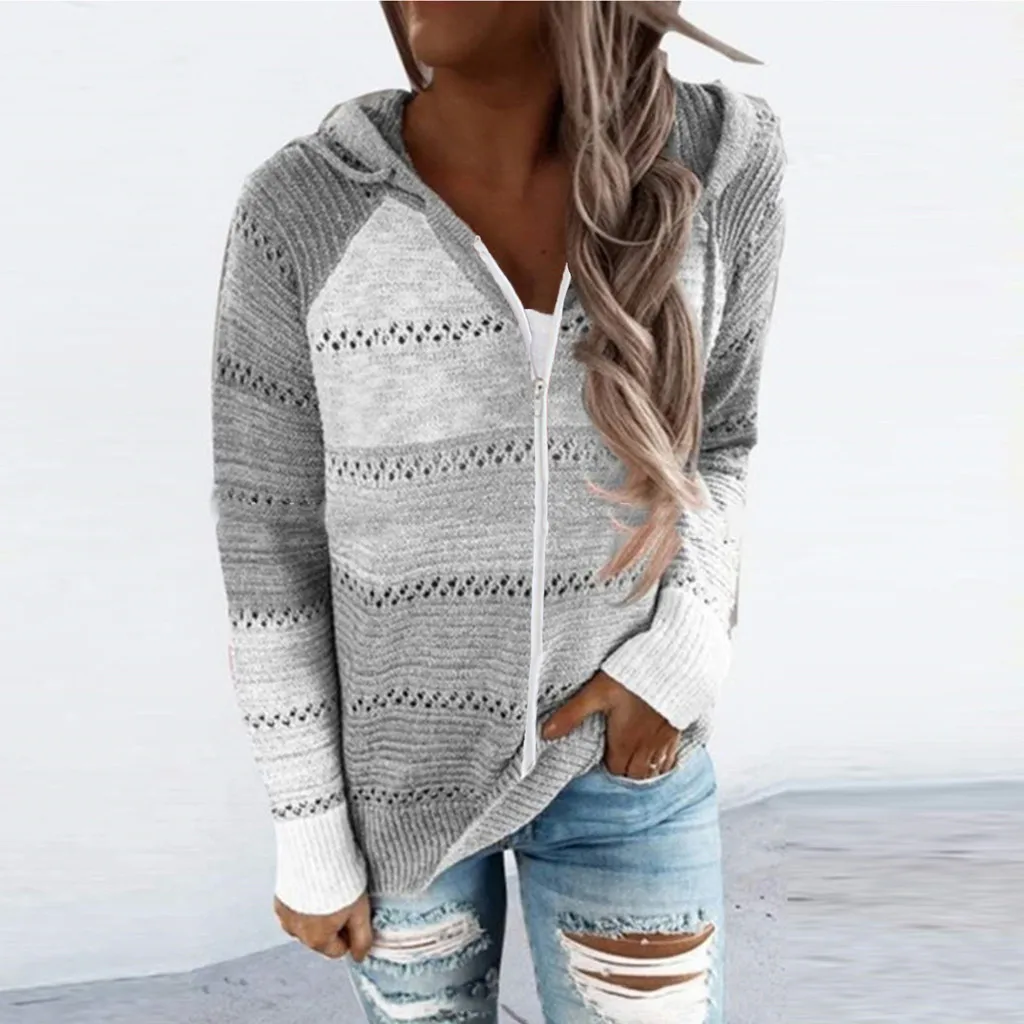 

Women Cardigan Ladies Fashion Casual Long-Sleeved Lace-Up Splicing Hooded Sweater Autumn and Winter Models Jumper Cardigan Tops